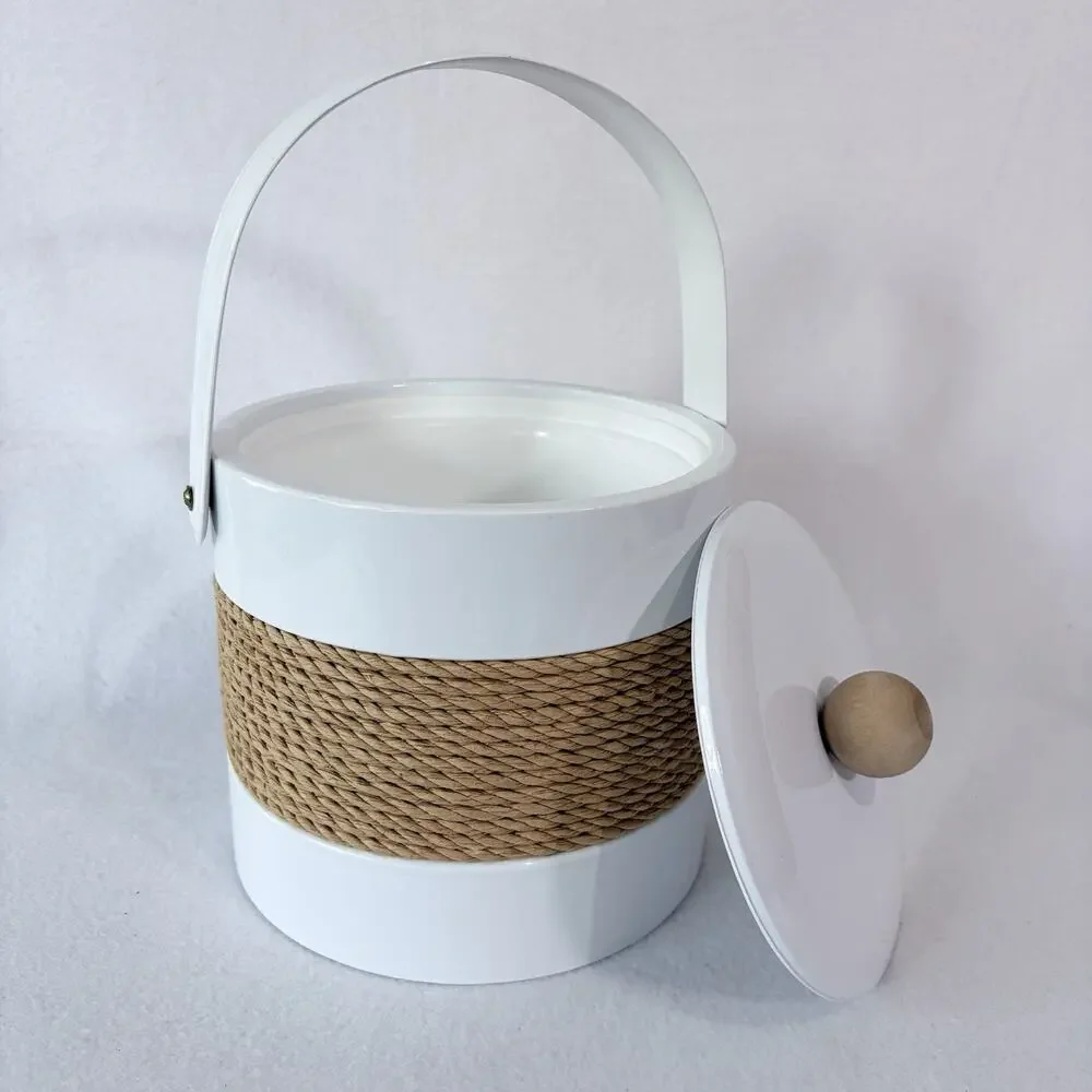 Georges Briard White Vinyl Ice Bucket Cooler Handle 70s Boho MCM Resort Beach